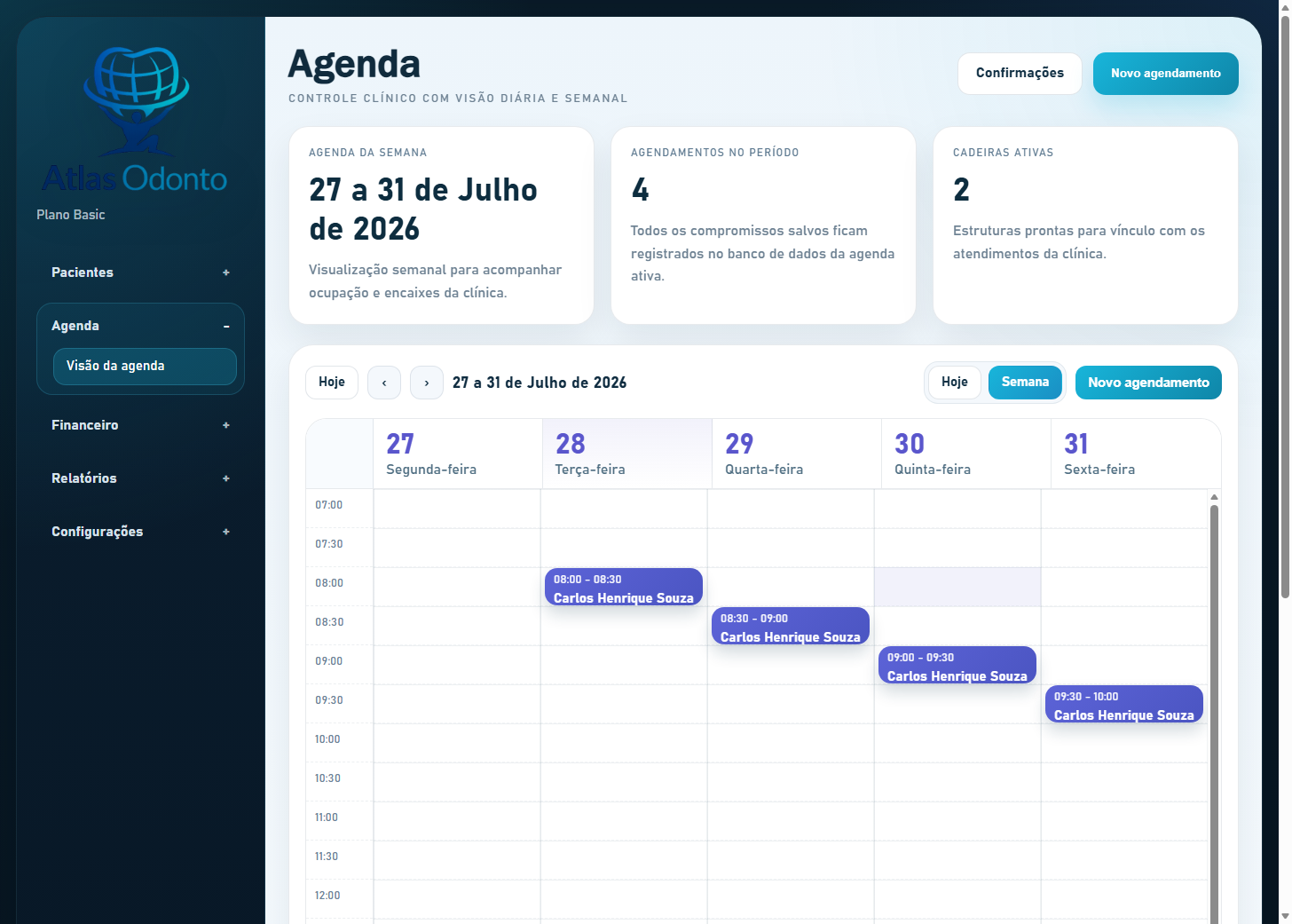 Tela da agenda do Atlas Odonto Basic