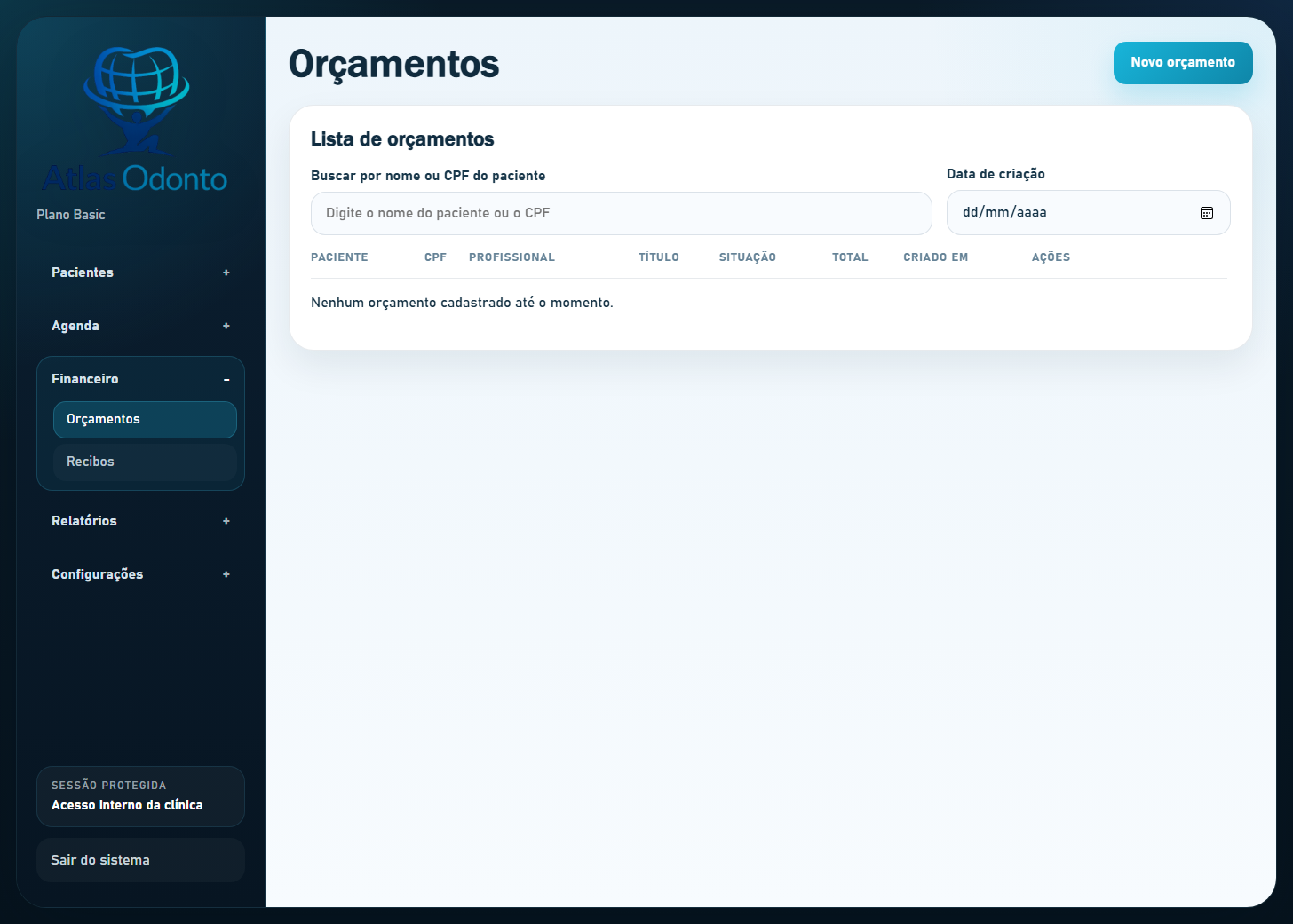 Tela financeira do Atlas Odonto Basic
